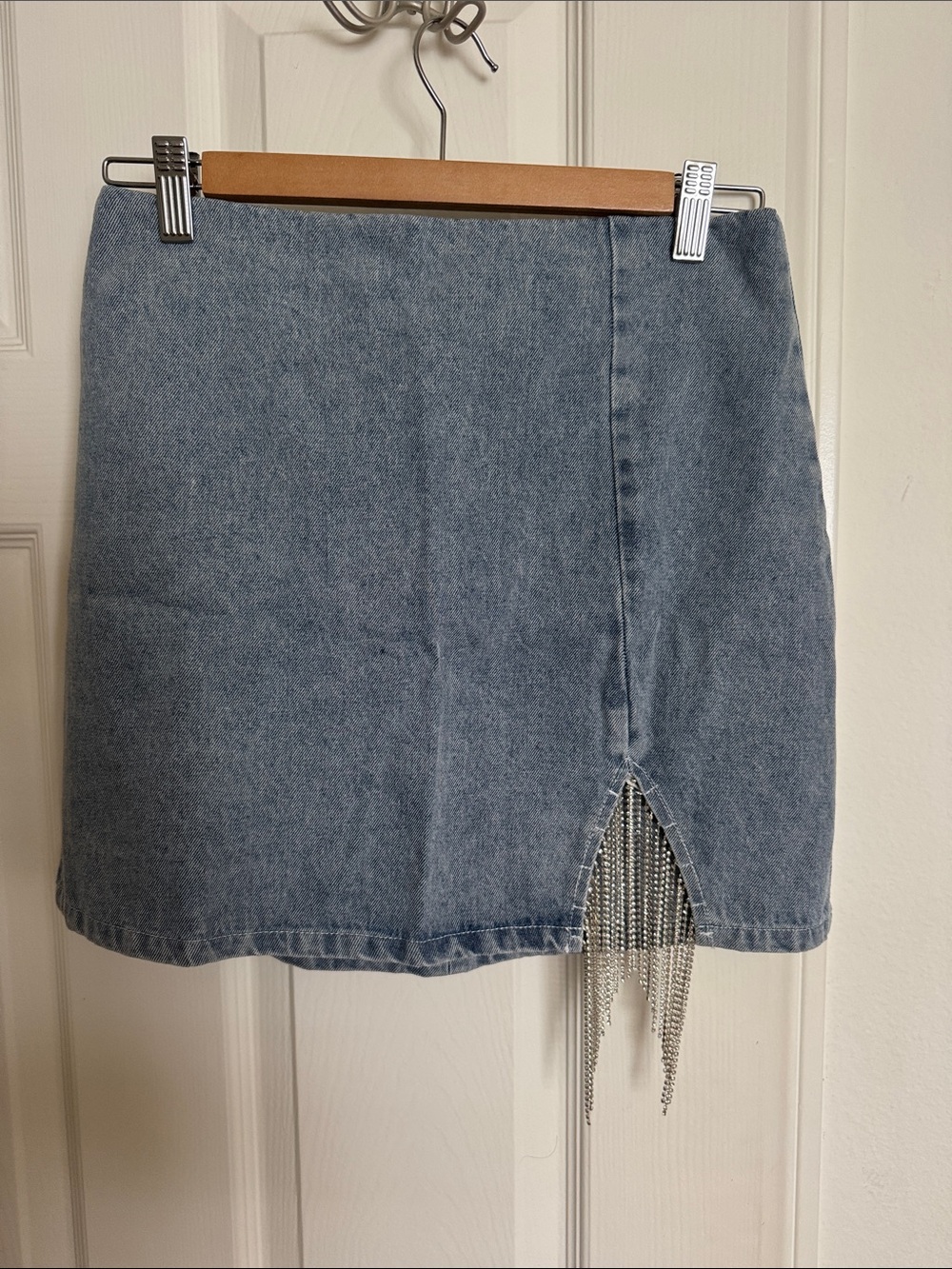 Women's Light Blue Denim Mini Skirt with Diamond Fringe